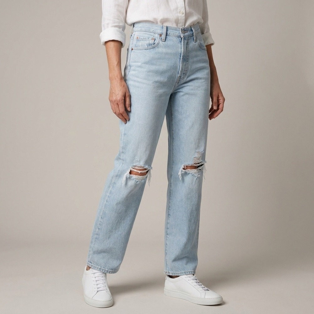 Levis Ribcage Straight Ankle Jeans 28 Light Wash‎ Distressed High Rise Denim